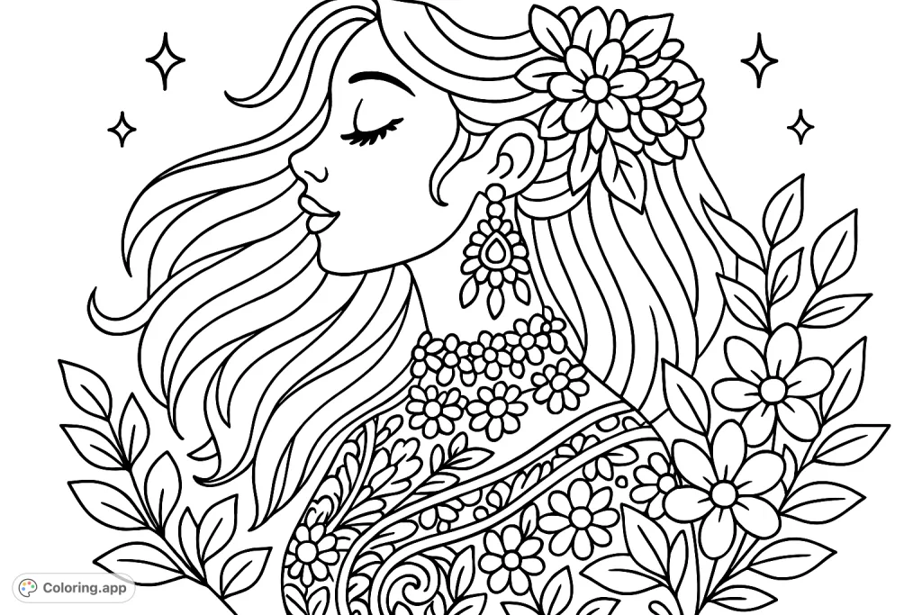 A beautiful woman in profile with flowing hair and an intricate floral-patterned dress. This detailed coloring page is perfect for creative expression.