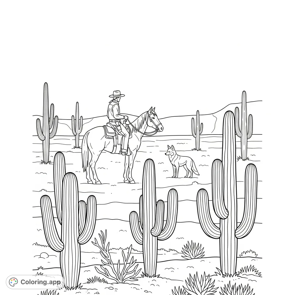 A classic cowboys coloring page featuring a lone rider on a horse, a saguaro cactus, and a coyote in a vast desert scene. A free printable coloring page.