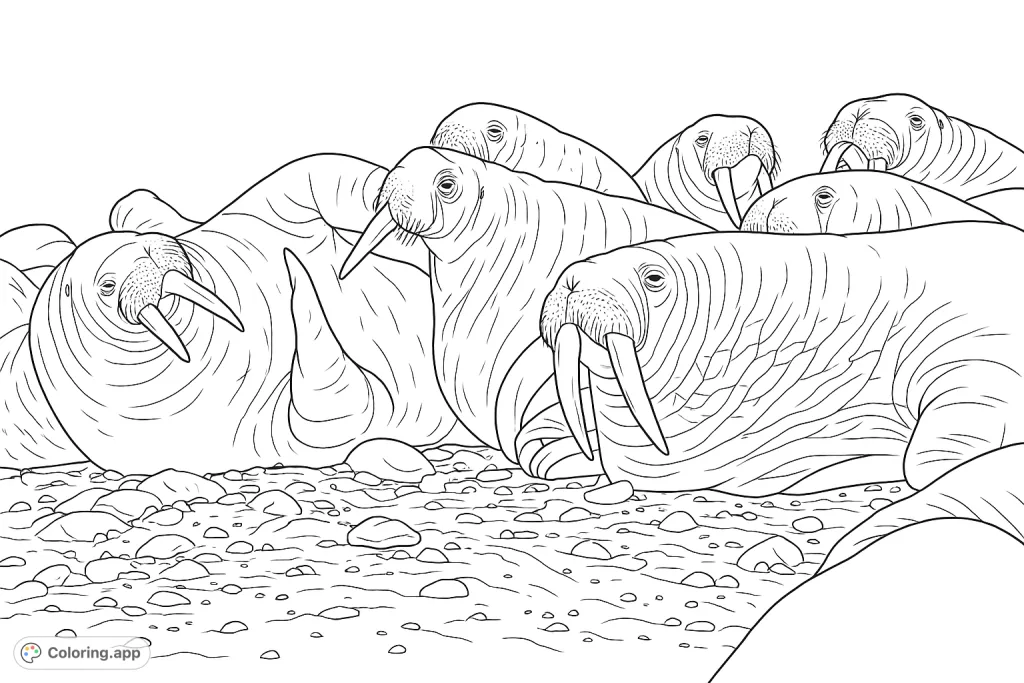 Discover a detailed walrus coloring page featuring multiple majestic walruses resting on a rocky arctic shore. Perfect for nature enthusiasts!