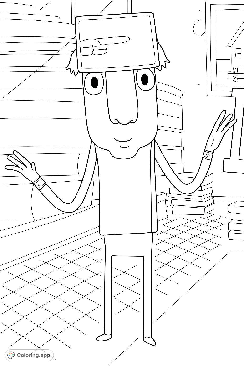 Color a whimsical cartoon character with a unique hat, wide eyes, and outstretched hands, standing in a room filled with books. A fun, detailed scene for creative expression.
