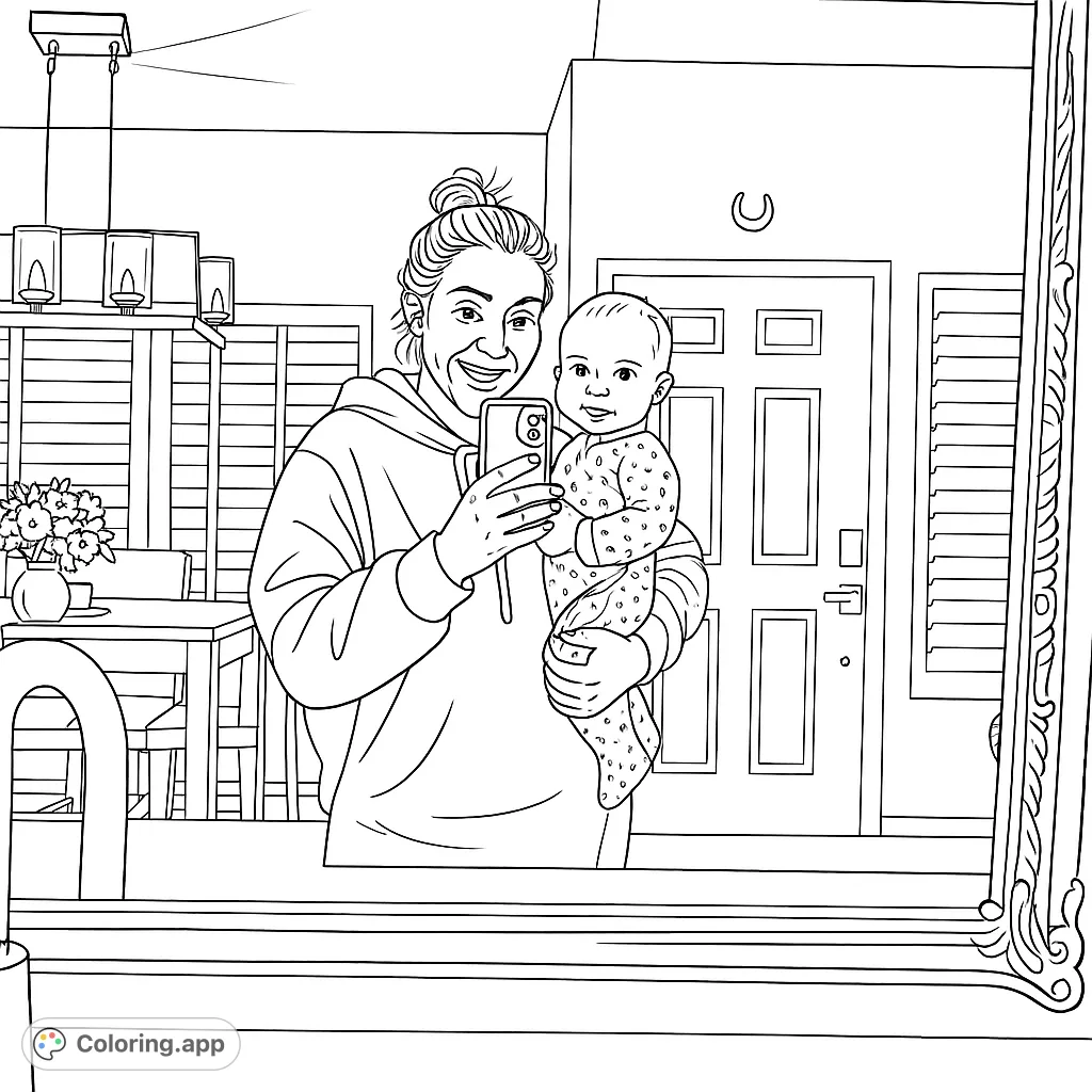A heartwarming scene of a mother and baby taking a mirror selfie. Capture the joy and details of this lovely family moment with your artistic touch.