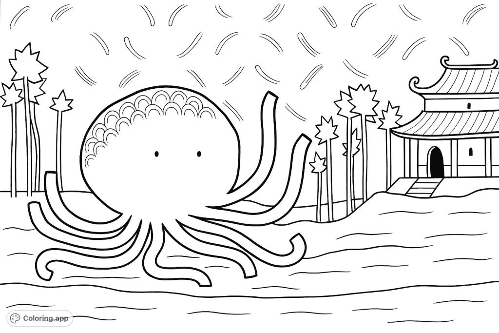 Color a delightful octopus with decorative patterns amidst tall plants and a traditional East Asian building. A fun and imaginative scene for all ages.