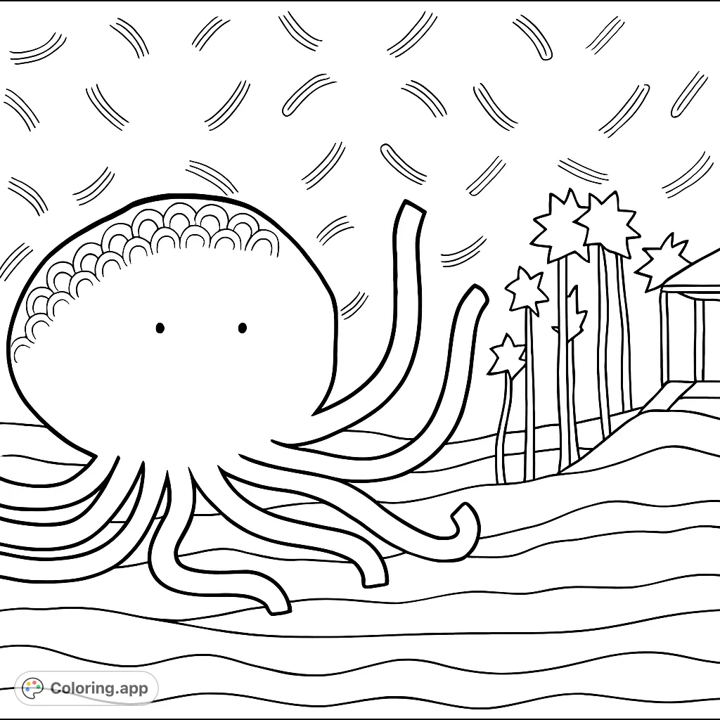 Dive into a charming underwater world! Color a patterned octopus alongside unique plants and a hidden structure, perfect for imaginative exploration.