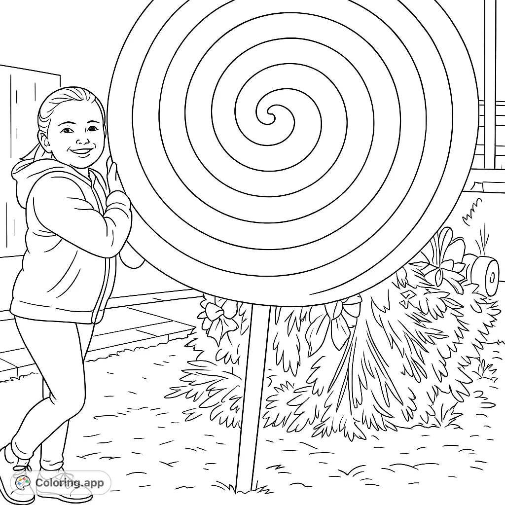 A joyful girl poses with an enormous, spiraling lollipop. A delightful candy-themed coloring page perfect for sweet creative fun.