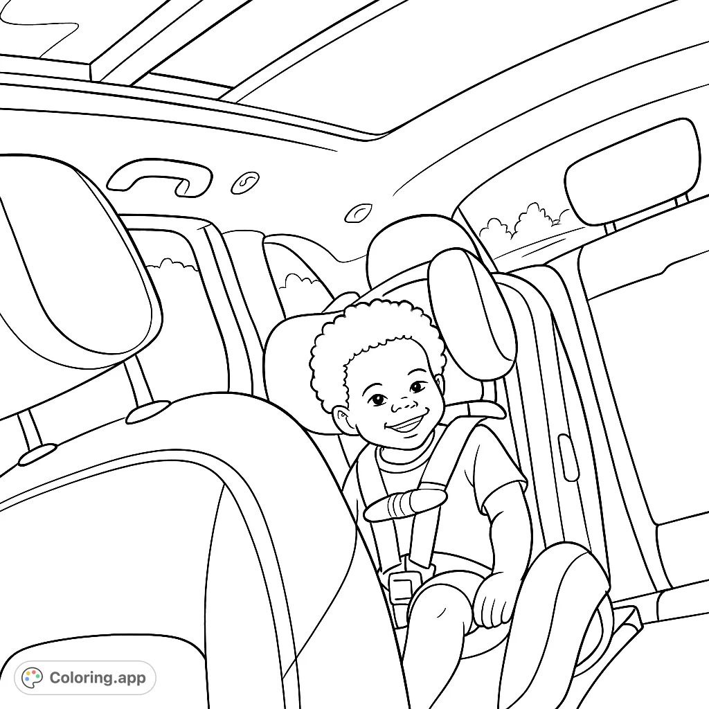 Join a happy child on a car ride adventure! This simple coloring page features a smiling toddler in a car seat, perfect for young artists to personalize and enjoy.