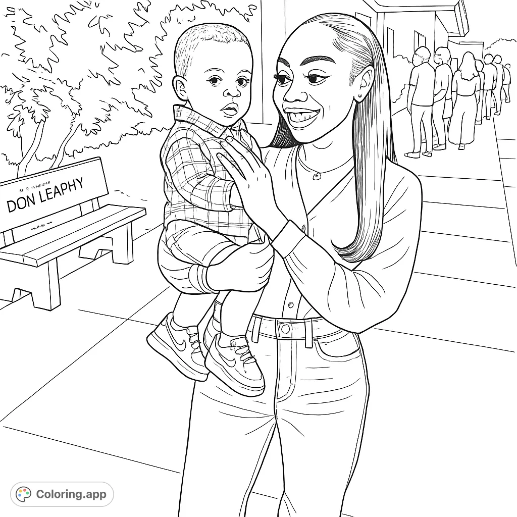 A heartwarming coloring page featuring a smiling woman holding a baby. Perfect for capturing tender family moments with a simple, storybook style.