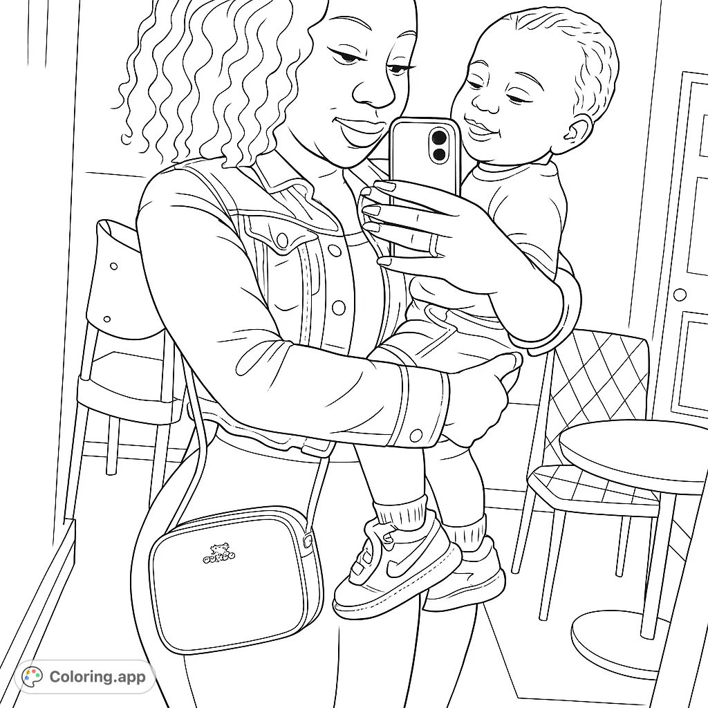 Capture a heartwarming moment of a parent and baby posing for a photo. A tender scene perfect for all ages to color with creativity.