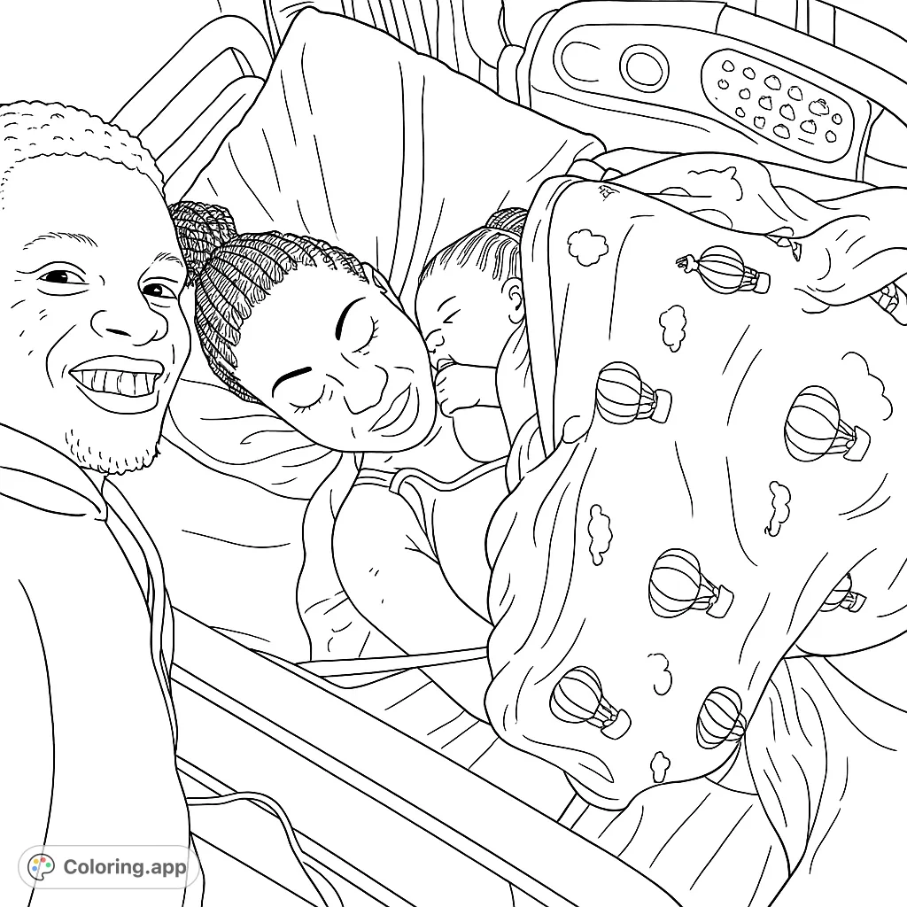 A heartwarming new family hospital moment featuring a joyful father, a peaceful mother, and their newborn baby. Perfect for celebrating new beginnings.