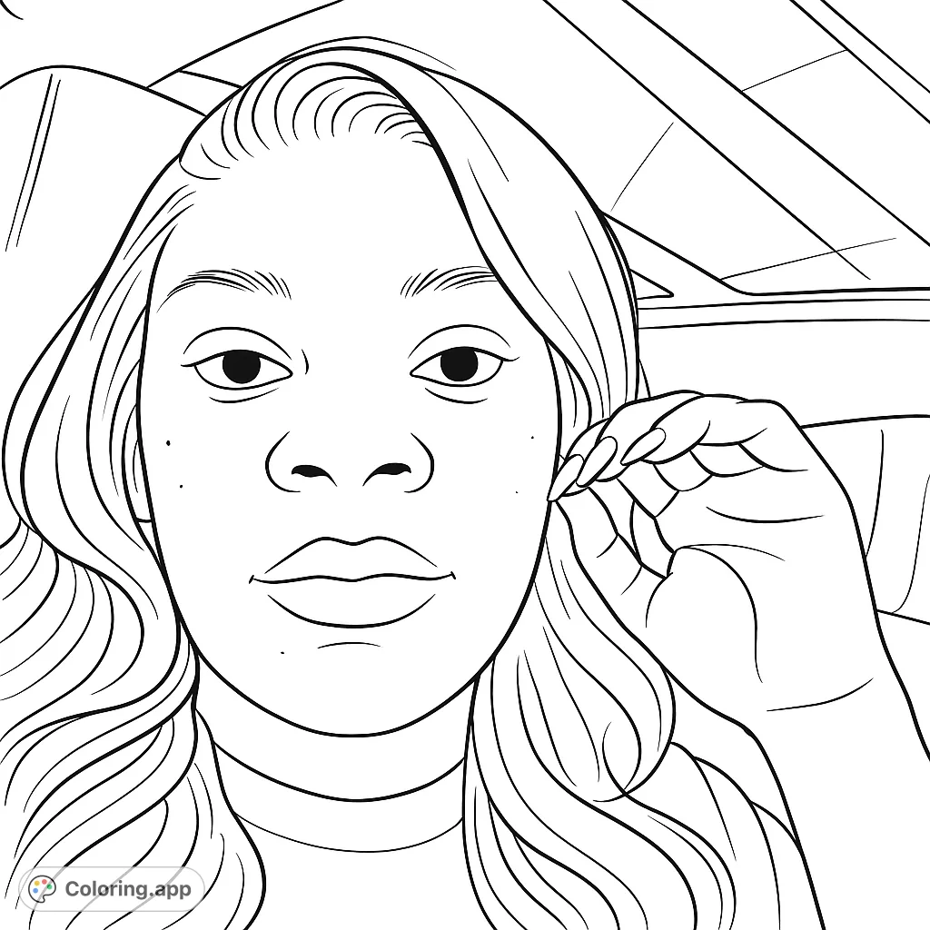 A charming portrait of a woman in a car, ideal for a realistic coloring experience. Capture her serene expression and flowing hair with your favorite shades.