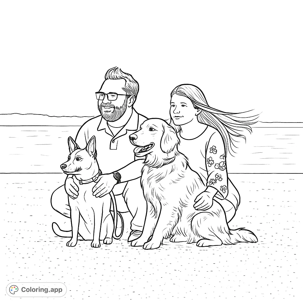 A heartwarming scene featuring a couple with their two beloved dogs on a serene shore, perfect for a relaxing coloring experience.