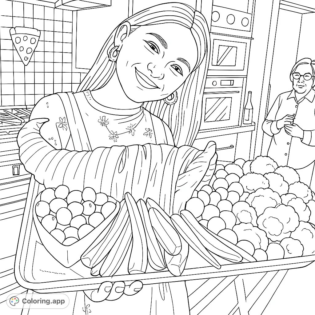 A delightful harvest cornucopia coloring page featuring a smiling woman holding a bread cornucopia overflowing with fresh vegetables in a kitchen.