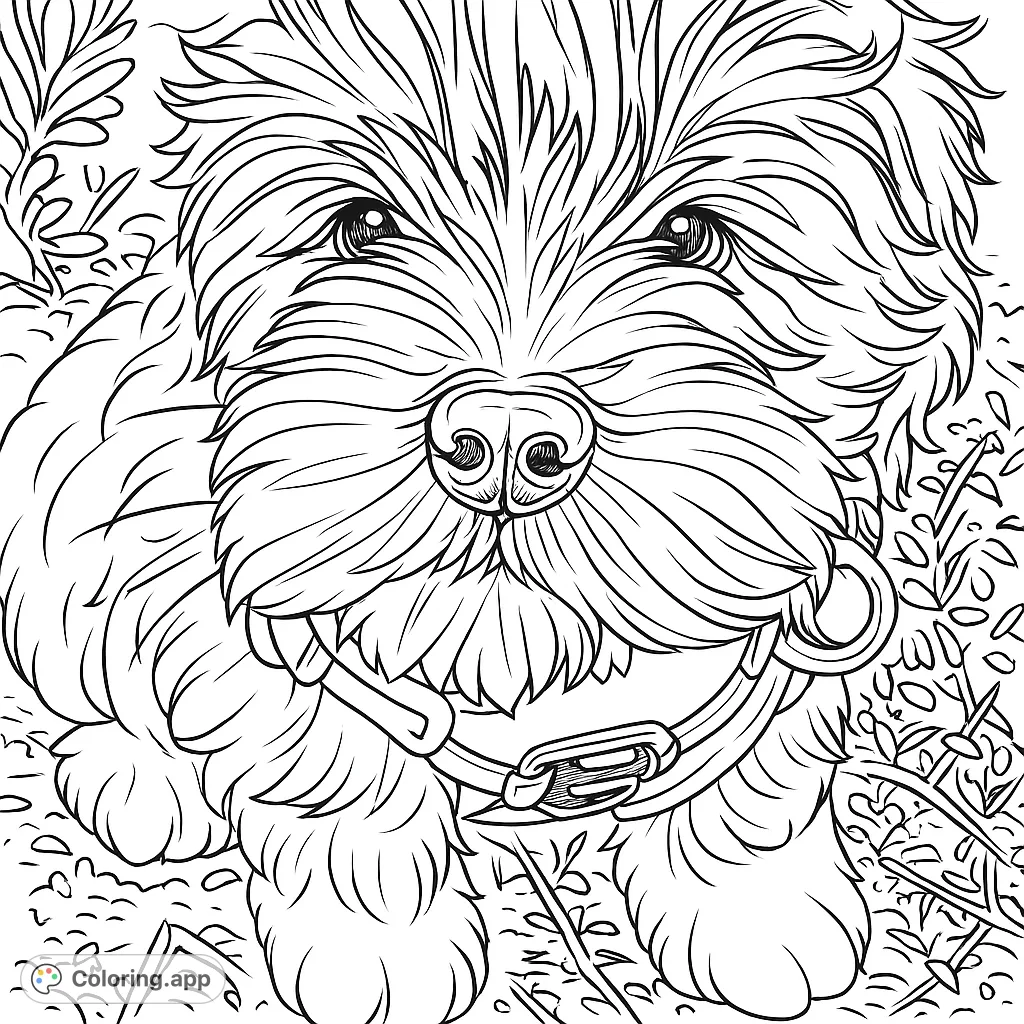 An adorable, fluffy puppy gazes forward, wearing a detailed harness, set against a textured ground. Perfect for animal lovers and detailed coloring.