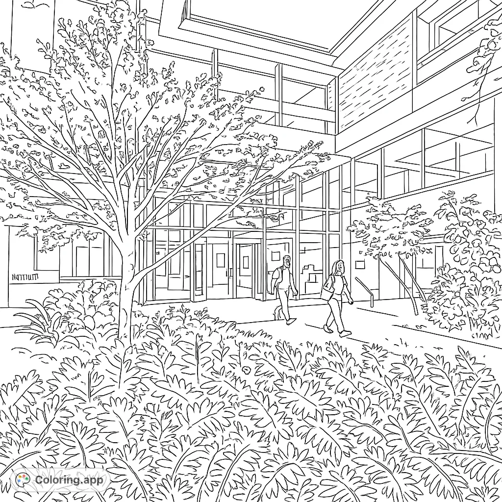 Explore a modern campus library scene with architectural details, a prominent tree, and people on a pathway. A detailed, free printable coloring page.