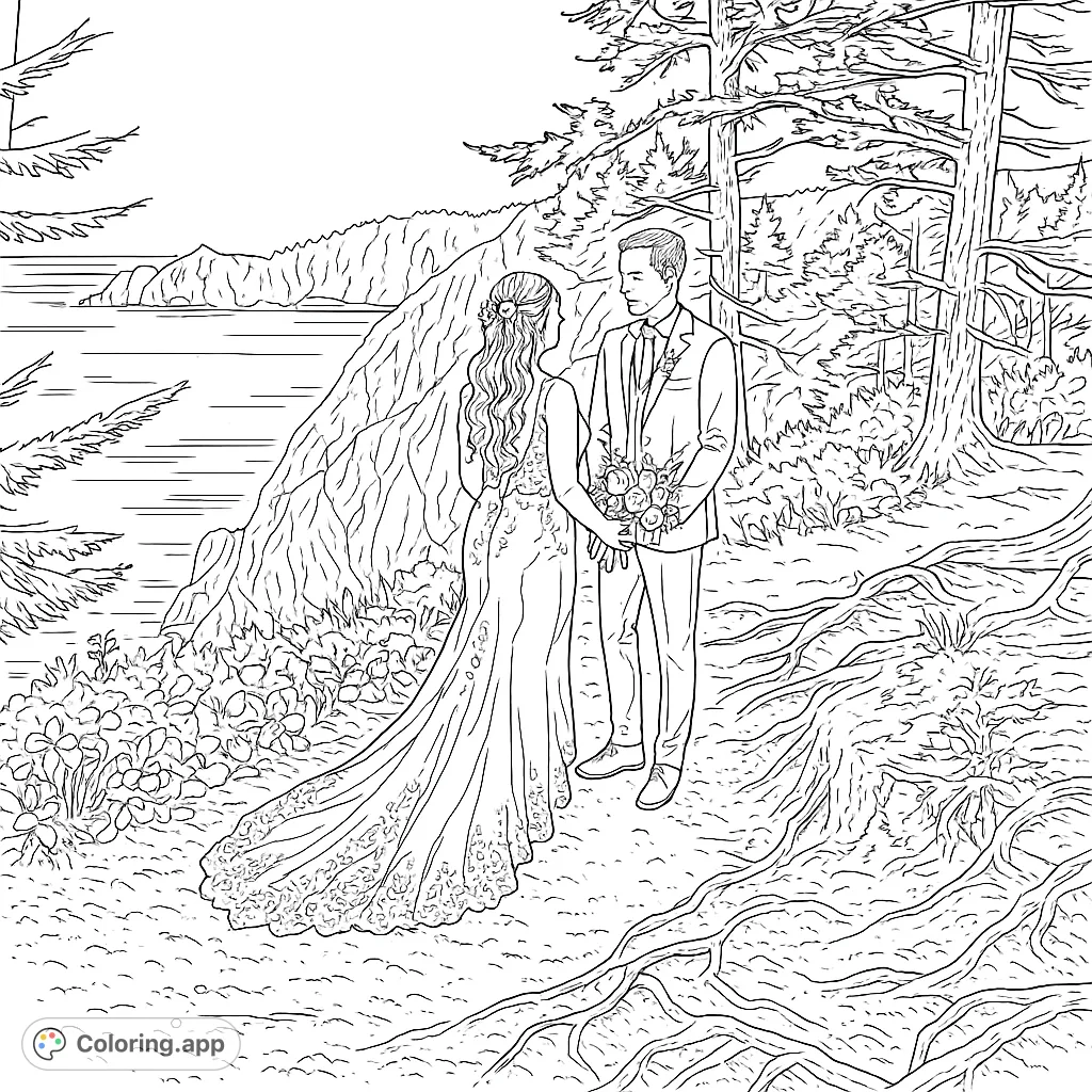 Capture a romantic cliffside moment with this elegant couple overlooking the ocean. Detailed gown, suit, and natural scenery provide a beautiful coloring experience.