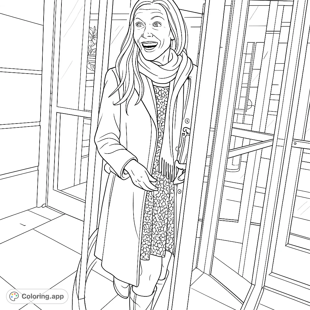 An excited woman emerges from a modern doorway, dressed in a stylish coat, scarf, and patterned dress. Perfect for urban fashion and everyday scene enthusiasts.
