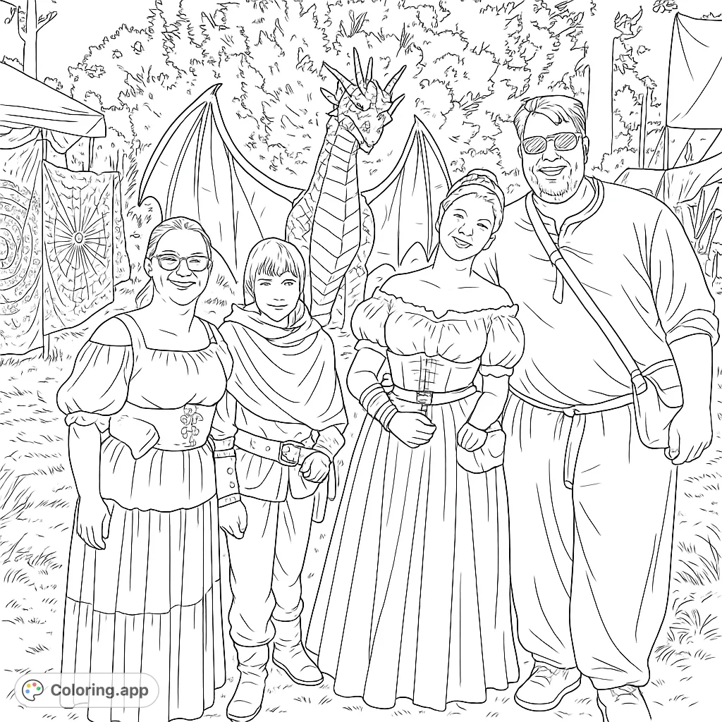 A fantasy family poses with a majestic dragon at a bustling faire. Detailed costumes, mythical creature, and festive atmosphere await your creative touch.