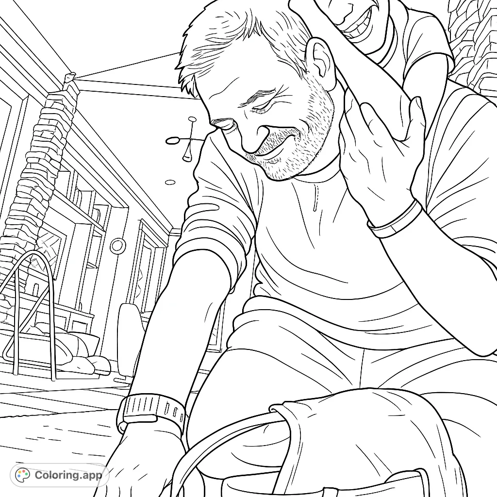 Capture a heartwarming embrace between a father and child. This detailed coloring page features a tender moment amidst a cozy home setting, perfect for all ages.