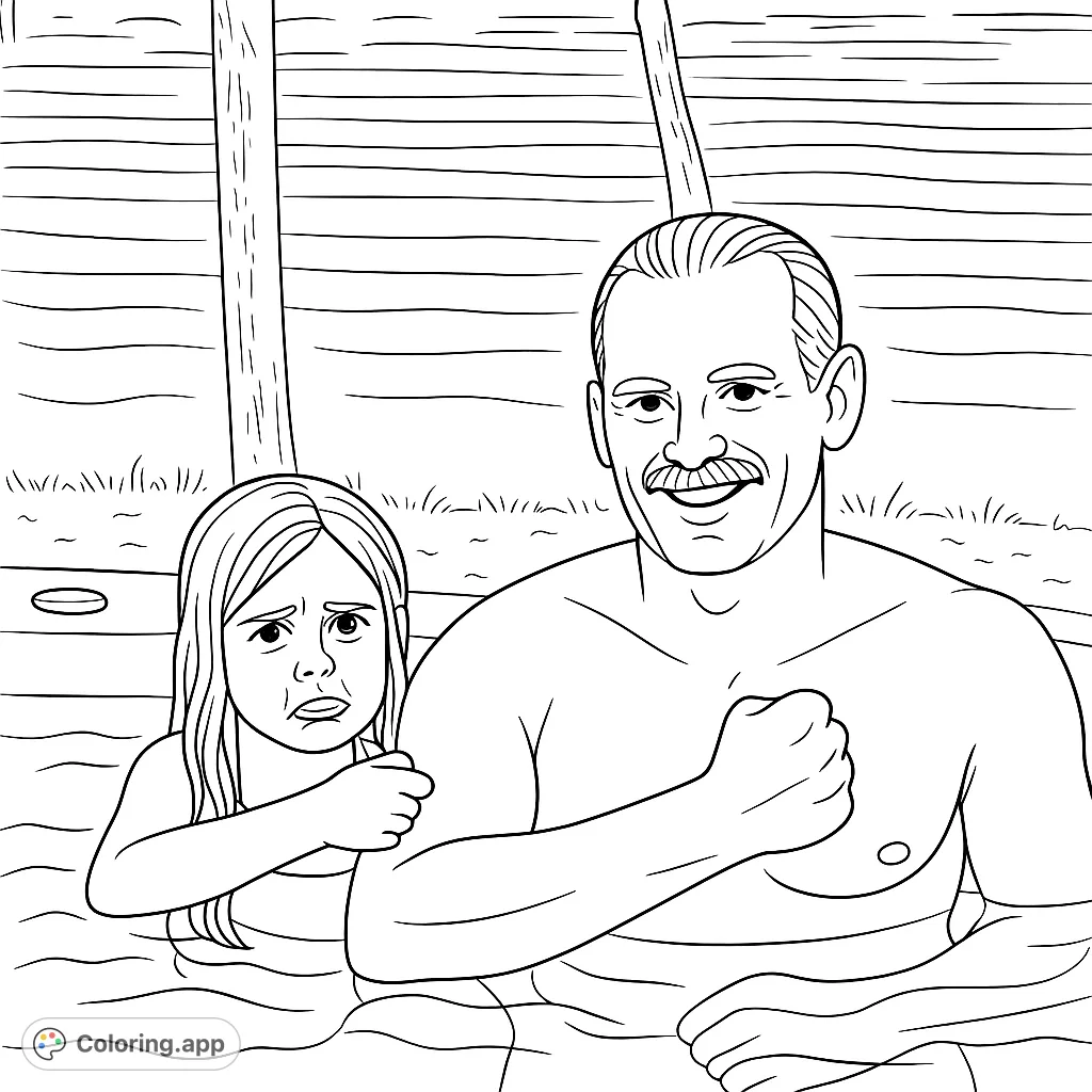 Capture a heartwarming moment of a father and daughter in a hot tub. She playfully points at his flexed arm, creating a fun, engaging scene.