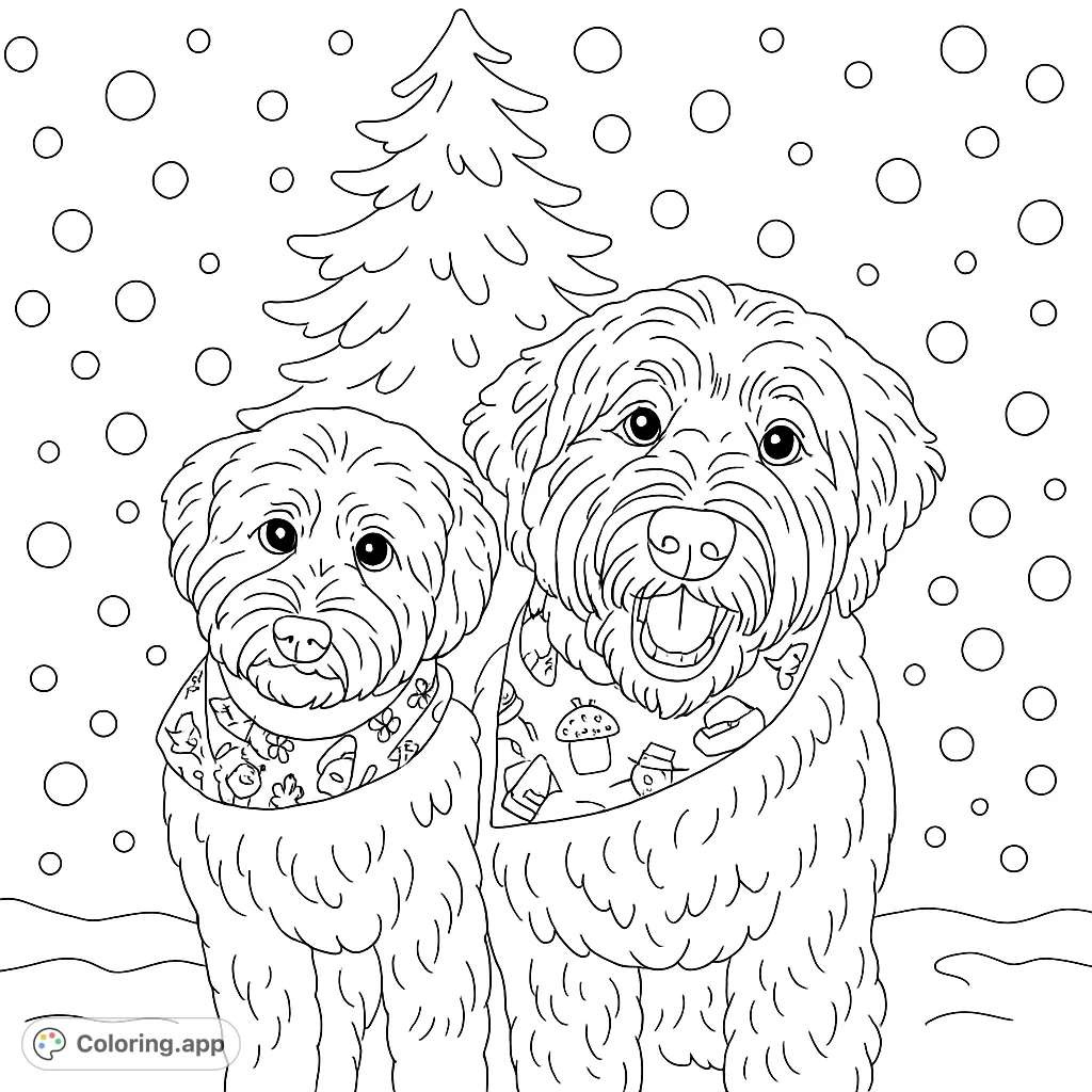 Color two fluffy dogs in festive bandanas, posing in a sparkling holiday scene. Perfect for animal lovers and seasonal cheer!