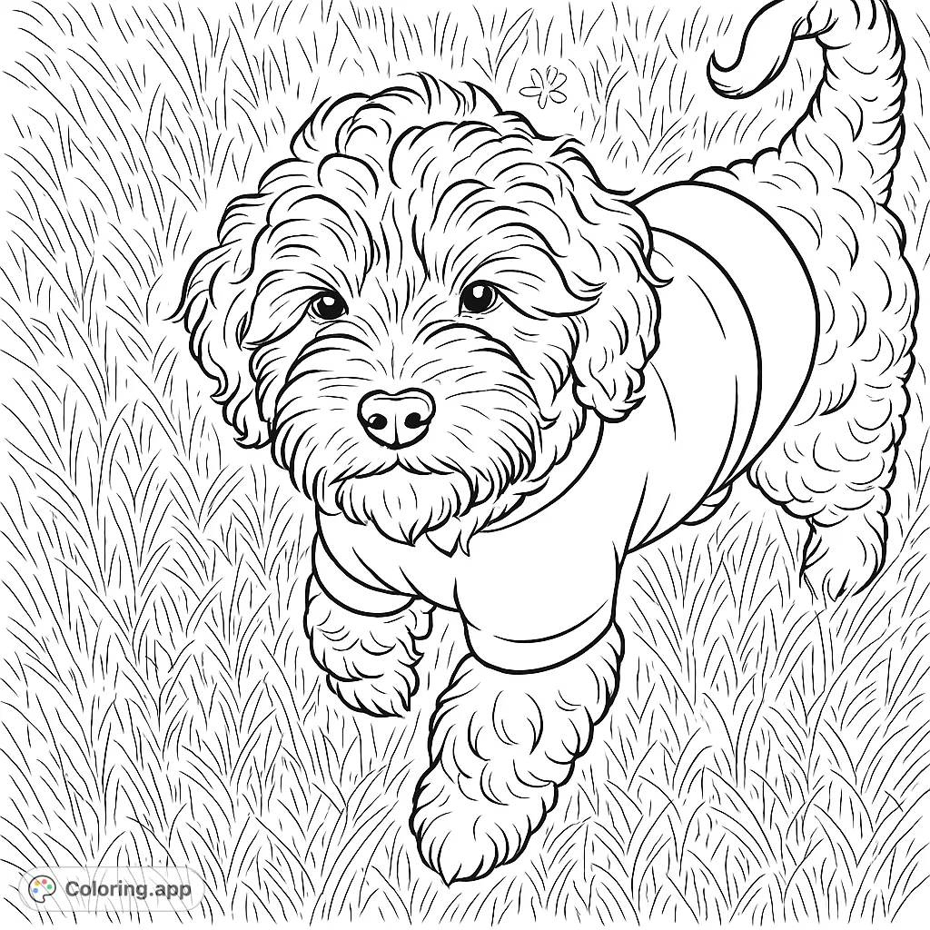 A charming fluffy puppy wearing a cozy sweater, standing playfully in a grassy field. A delightful and adorable scene perfect for all dog lovers.