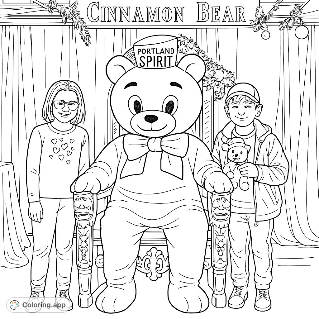 A charming scene with a large, friendly bear mascot seated on an ornate chair, flanked by two smiling children. Festive garlands add to the celebratory atmosphere.