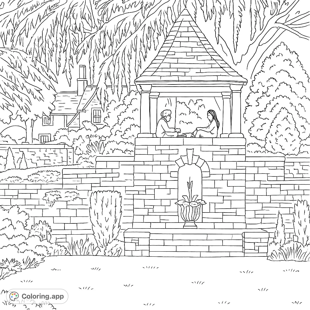 A serene garden scene with two people relaxing in a stone pavilion, surrounded by lush foliage and a grand house. A peaceful outdoor escape to color.