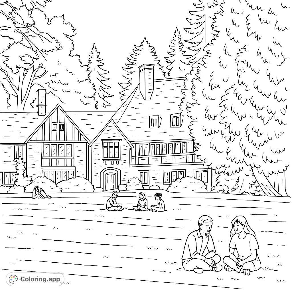 Explore a grand estate with a detailed architectural facade, surrounded by lush trees and a wide lawn where people relax. A sophisticated scene for mindful coloring.
