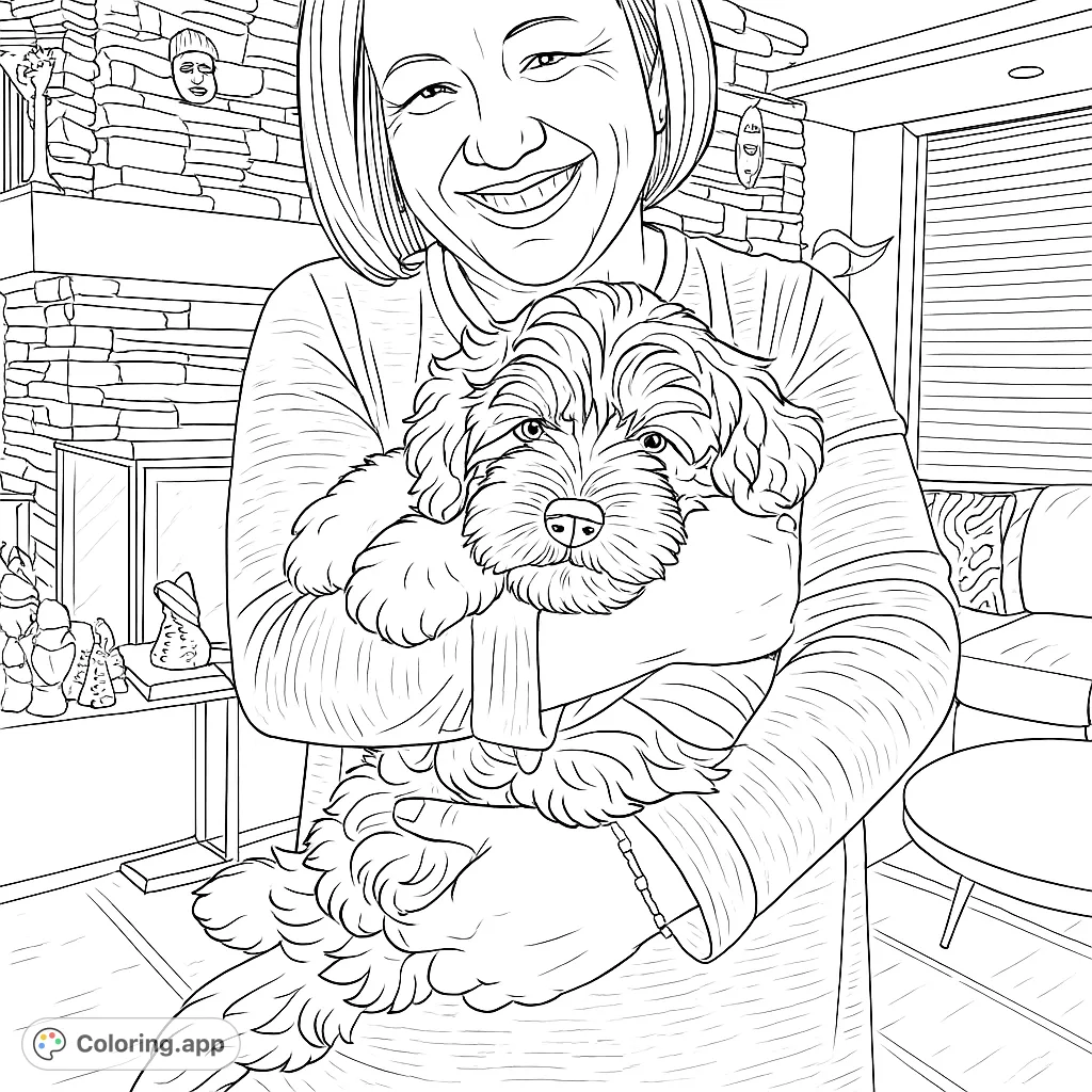 A heartwarming coloring page featuring a smiling woman gently holding a fluffy, playful puppy. Perfect for pet lovers to bring to life with vibrant hues.
