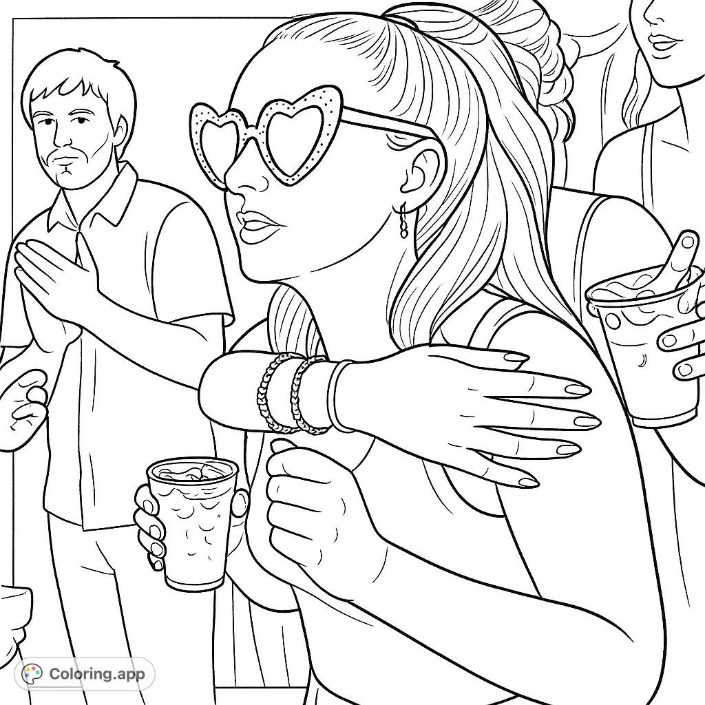 Capture the energy of a social gathering with a stylish woman in heart-shaped sunglasses, adorned with detailed bracelets and unique fingernails.