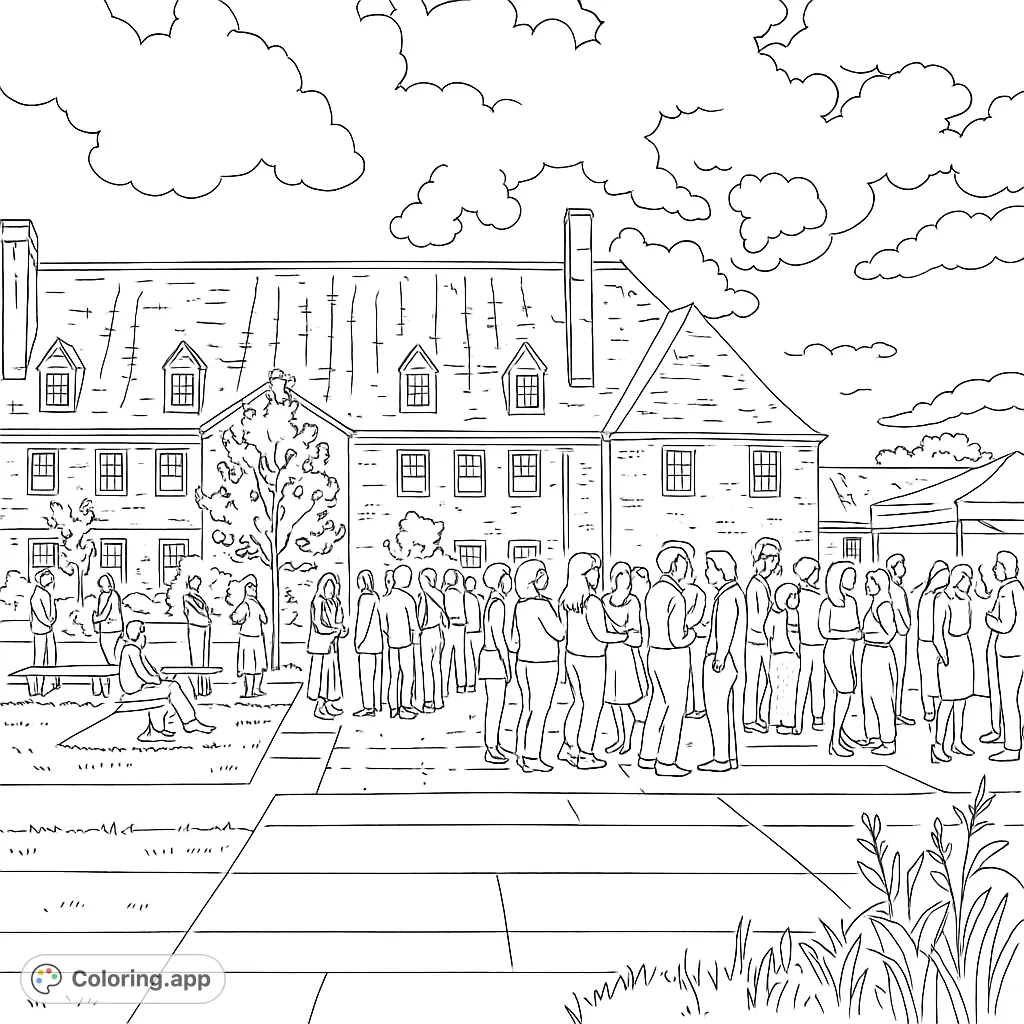 Color a vibrant outdoor gathering featuring a large crowd socializing in front of a majestic brick building with a grand roof and lush landscaping.