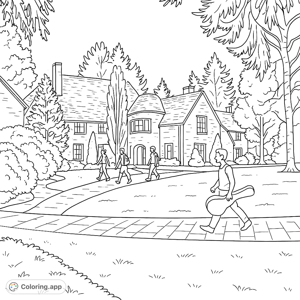 Explore a majestic, historic manor surrounded by lush landscapes and winding paths, awaiting your artistic touch. A charming scene perfect for detailed coloring.