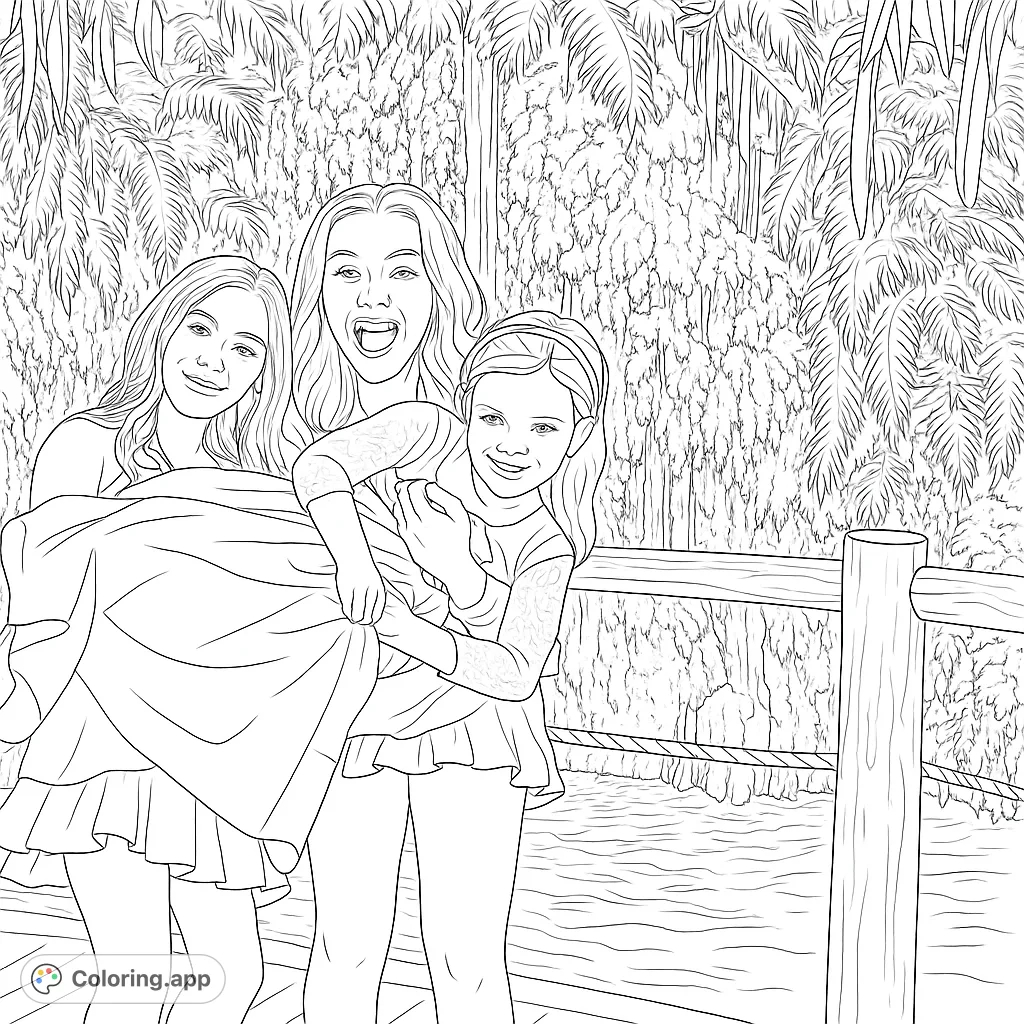 Capture a heartwarming scene of three happy sisters by a natural waterfall. Ideal for personalizing with vibrant colors and intricate details.