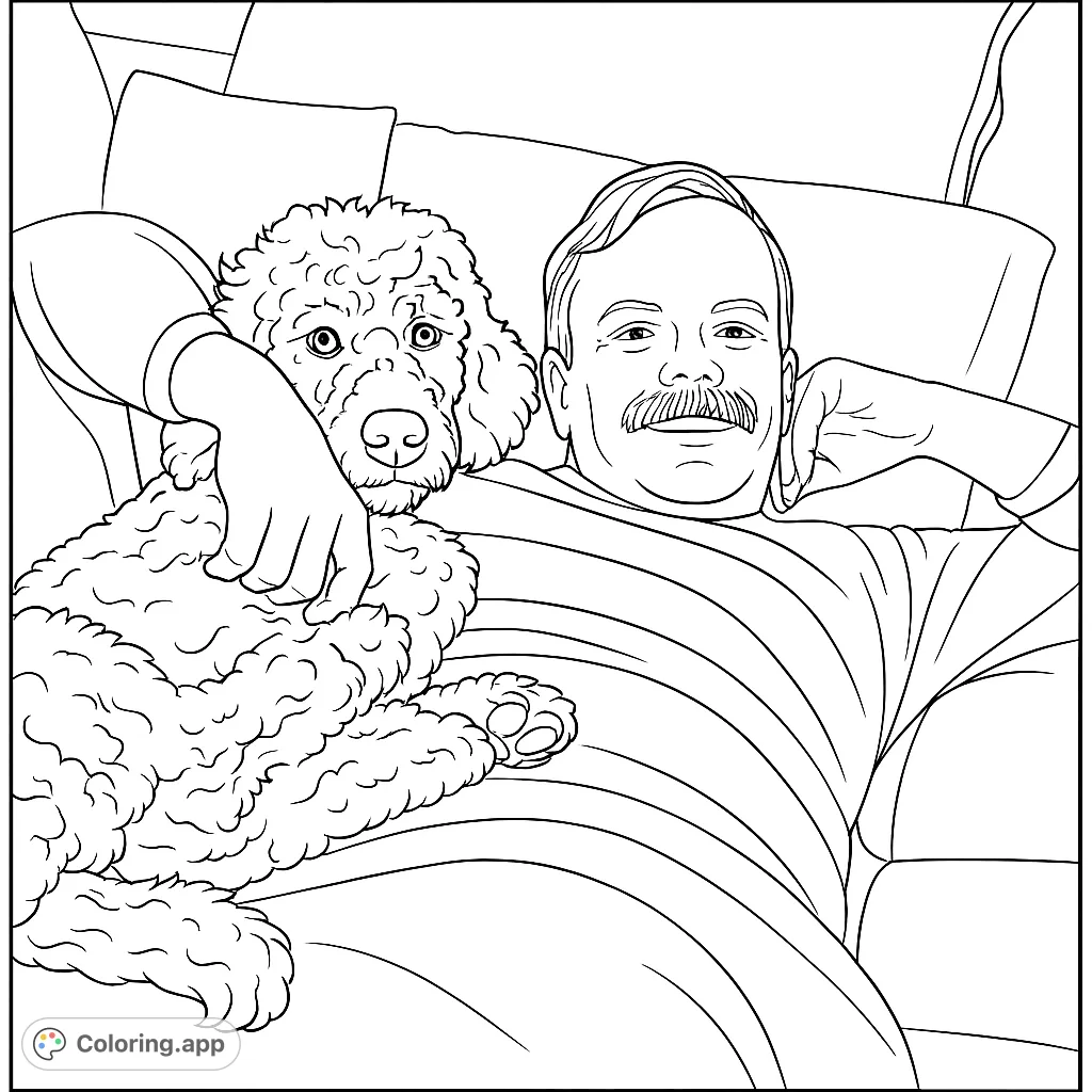 A heartwarming man and poodle coloring page depicting a cozy moment. Relax and bring this charming scene of companionship to life with your favorite hues!