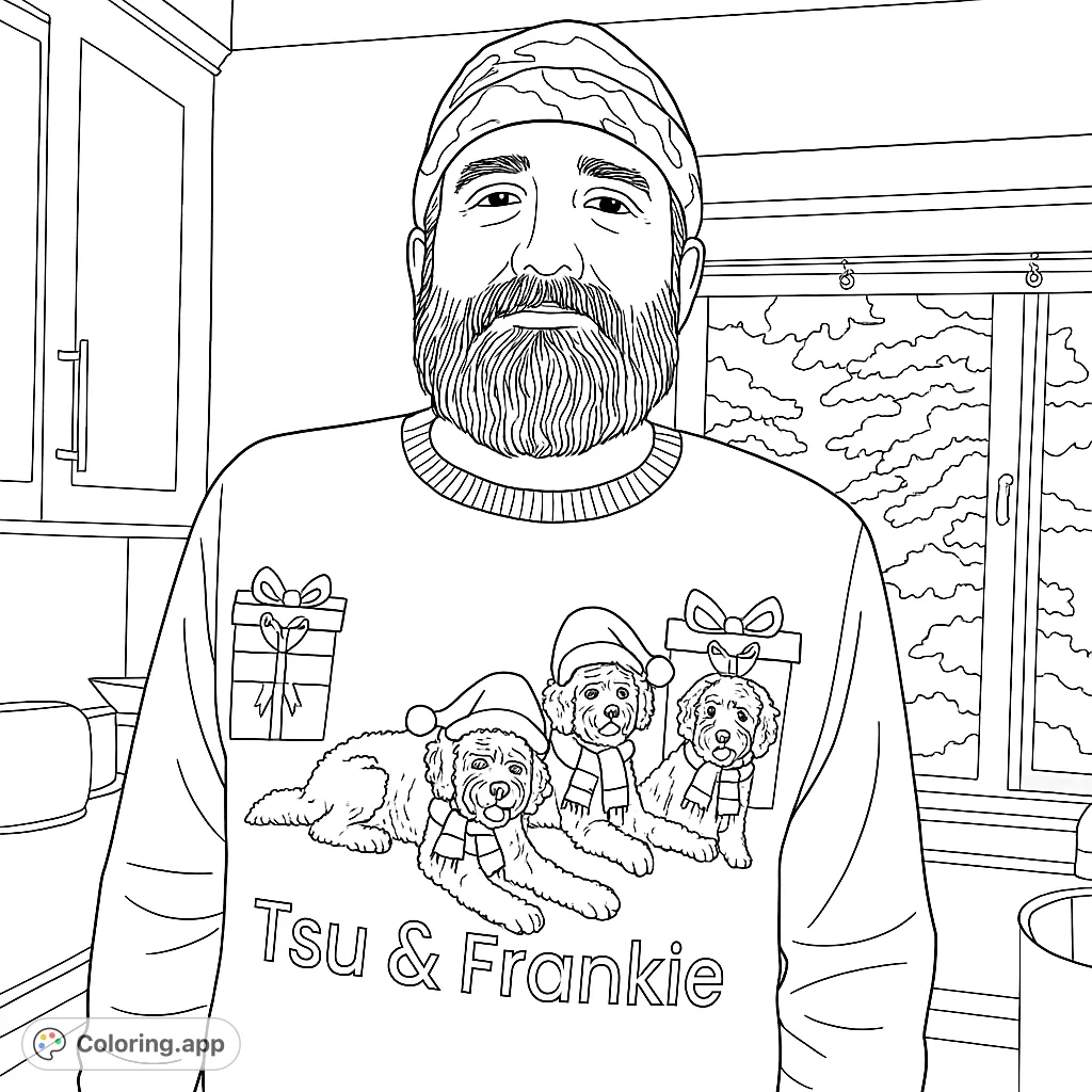 Get ready for the holidays with this festive sweater coloring page, featuring a man wearing a charming design of two dogs in Santa hats and gift boxes. A fun winter scene.