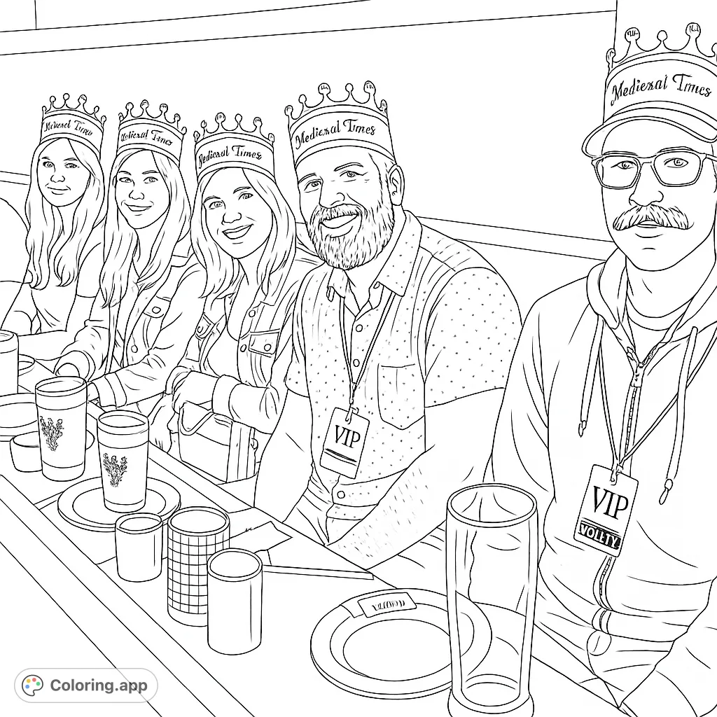 Join a cheerful group wearing crowns at a lively medieval-themed dinner. Perfect for history fans and those who enjoy festive gatherings.