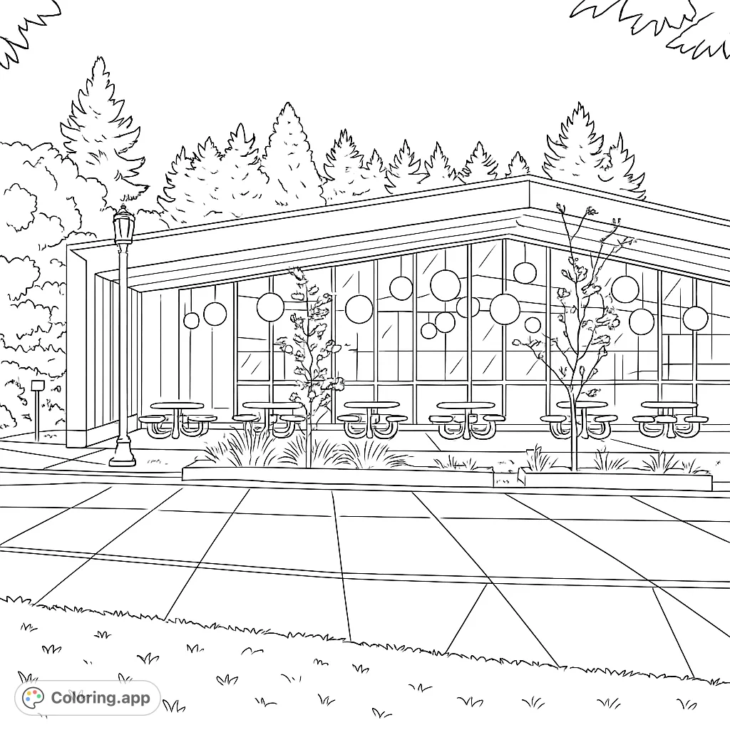 Color a modern architectural scene featuring a building with large windows, outdoor picnic tables, and glowing lights, nestled against a backdrop of tall trees.