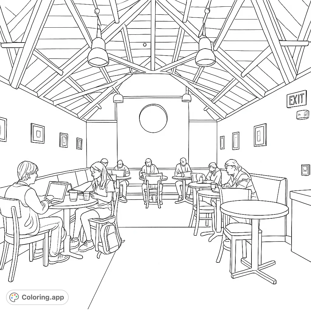 Explore a detailed modern cafe interior with a vaulted ceiling, architectural beams, and various patrons studying or relaxing. A free printable cafe coloring page for creative fun.