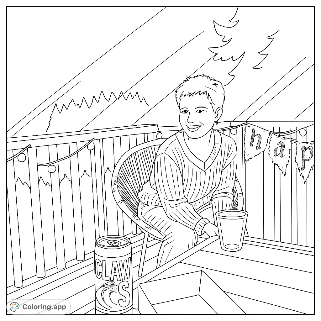 Capture a moment of relaxation on a deck at night with a uniquely styled person, string lights, and a cozy atmosphere. Perfect for expressive coloring.
