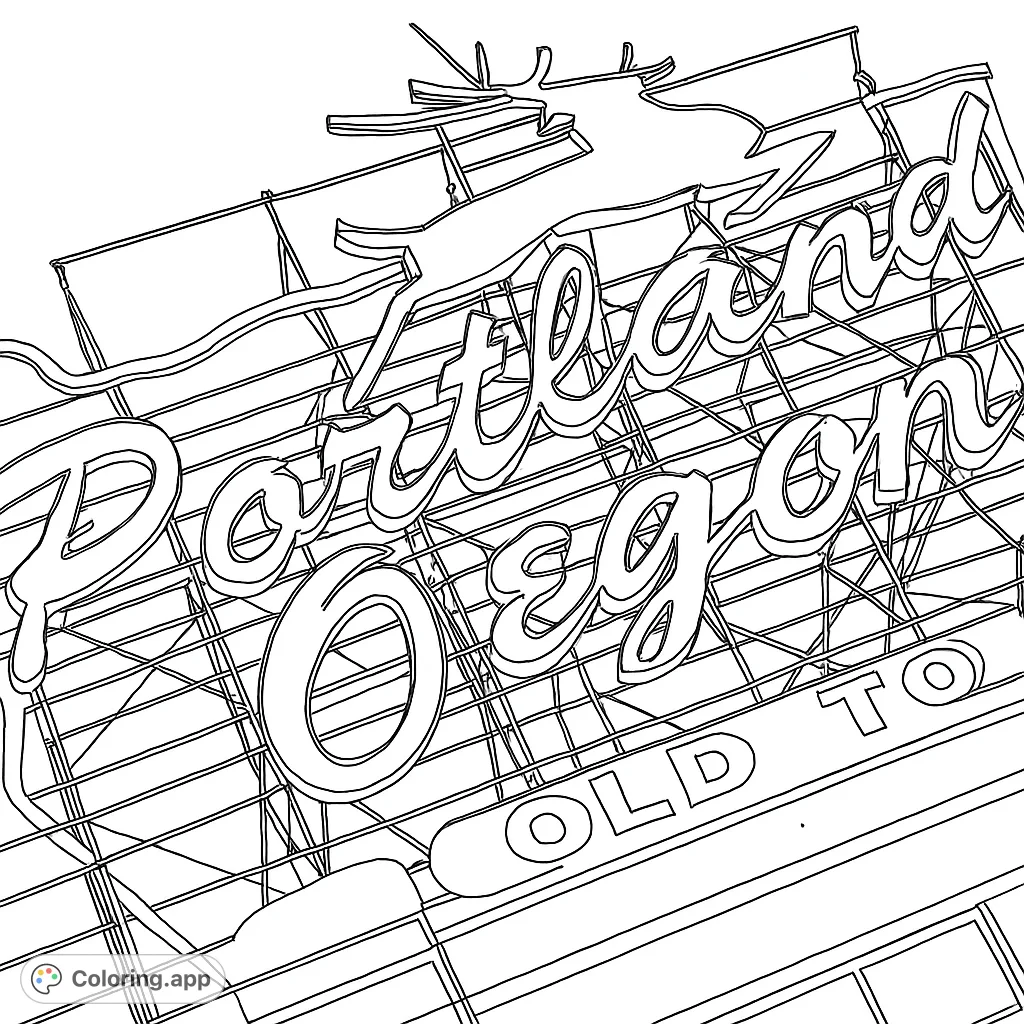 Color this iconic Portland Oregon sign featuring a leaping stag and classic script letters, set against a structured background. Perfect for urban explorers!