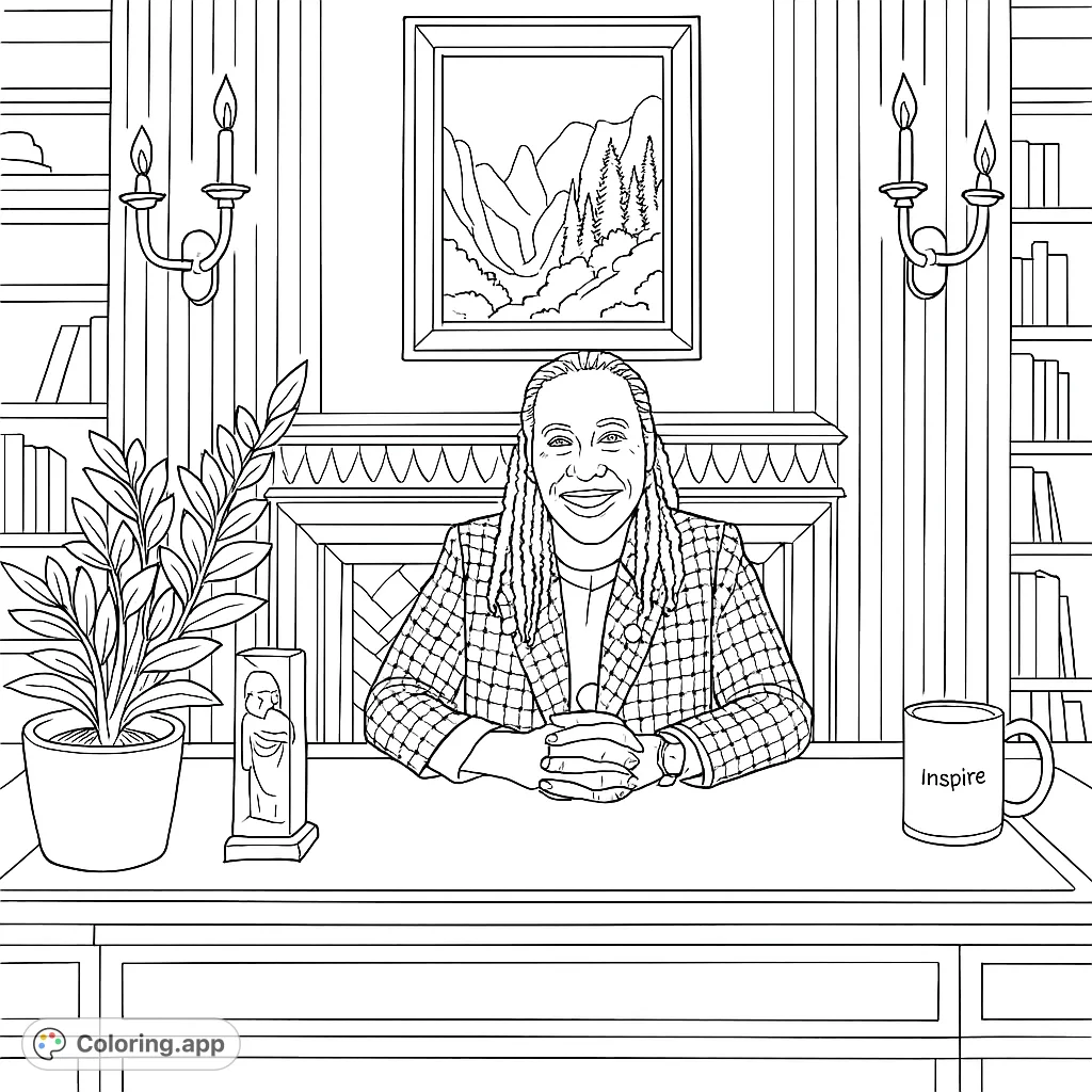 A compelling portrait of a person at a detailed wooden desk in a grand library, featuring intricate patterns, plants, and shelves filled with books.