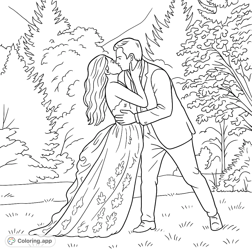 A beautiful romantic moment captured in a serene outdoor setting. A couple shares an intimate kiss amidst a landscape of lush trees and rolling hills, perfect for coloring.