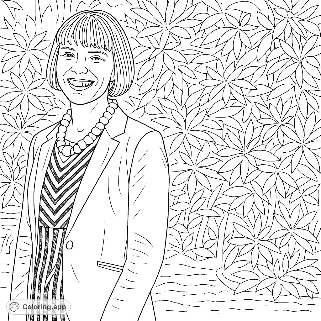 A captivating portrait of a smiling woman with a detailed necklace and patterned attire against a backdrop of natural foliage. Ideal for thoughtful coloring.
