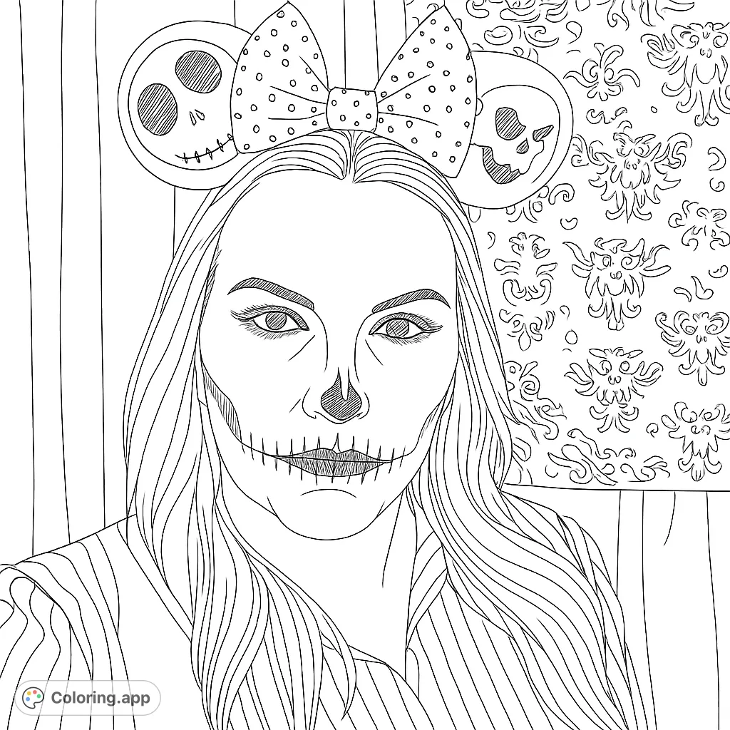 A hauntingly beautiful coloring page featuring a person with elaborate skull makeup and a themed headband, set against a mysterious patterned background. Perfect for spooky season!