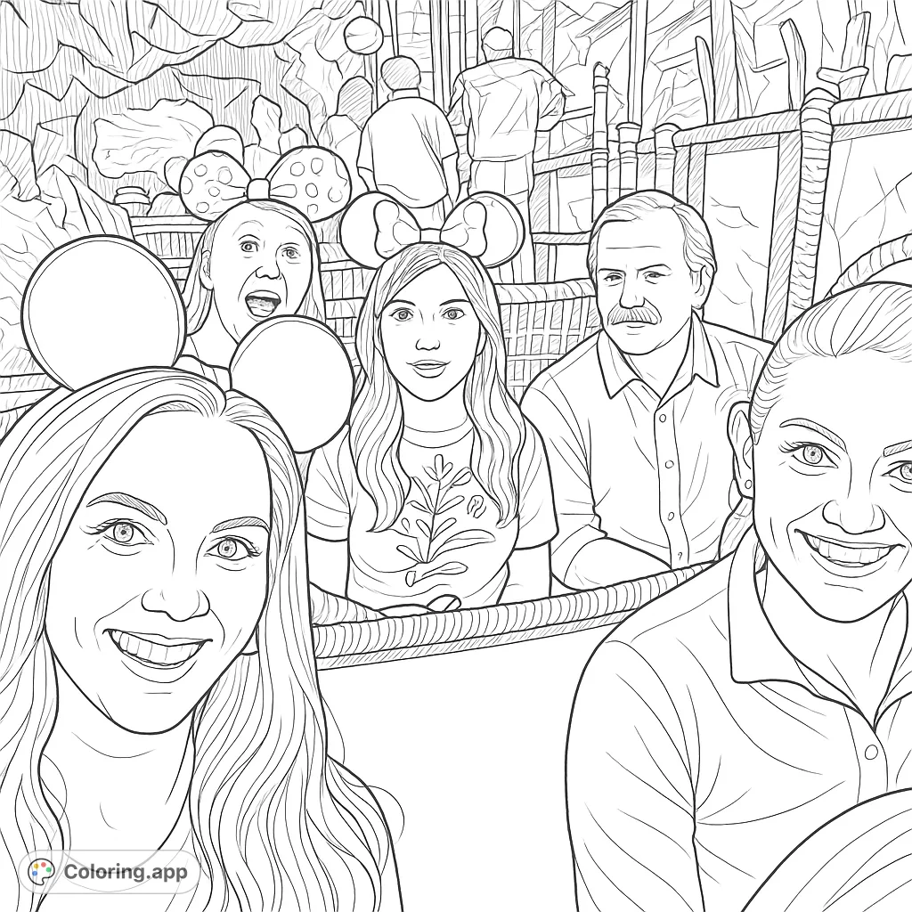 Embark on a joyful theme park adventure! This coloring page features a group of smiling friends and family enjoying a memorable ride.