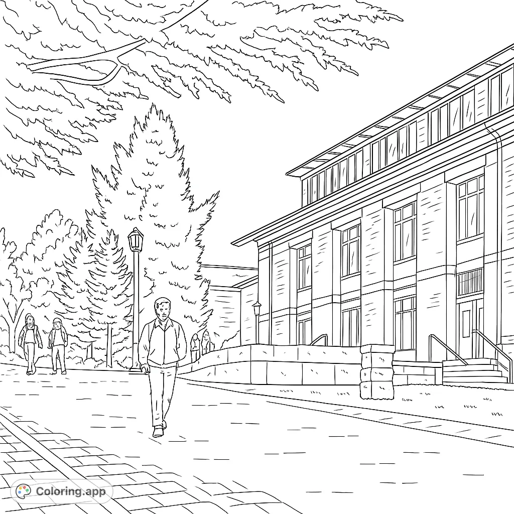 Explore a lively university campus coloring page, featuring detailed brick architecture, paved paths, and students amidst varied trees. A realistic campus vista.