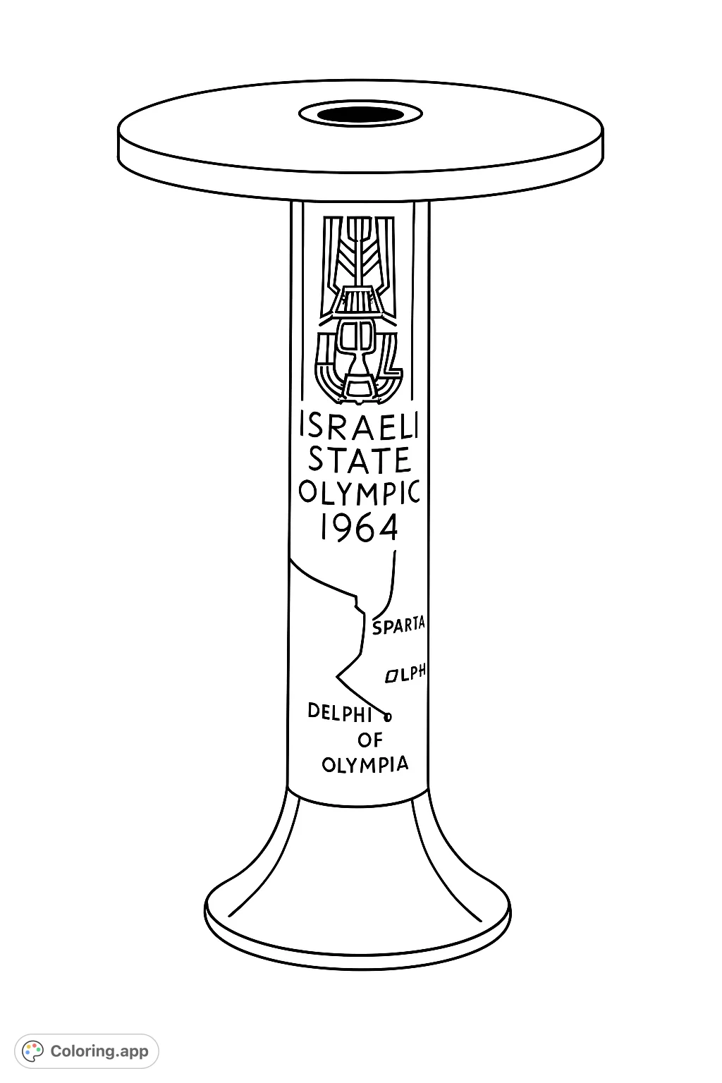 Color a commemorative Olympic torch stand featuring engraved text, a year, and a historical route map. Perfect for sports and history enthusiasts!