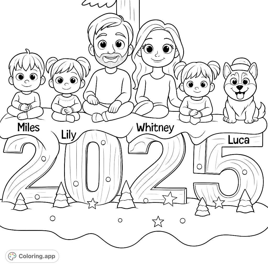 A heartwarming New Year 2025 family coloring page featuring a loving family, three kids, and their husky dog, all sitting atop festive numbers.