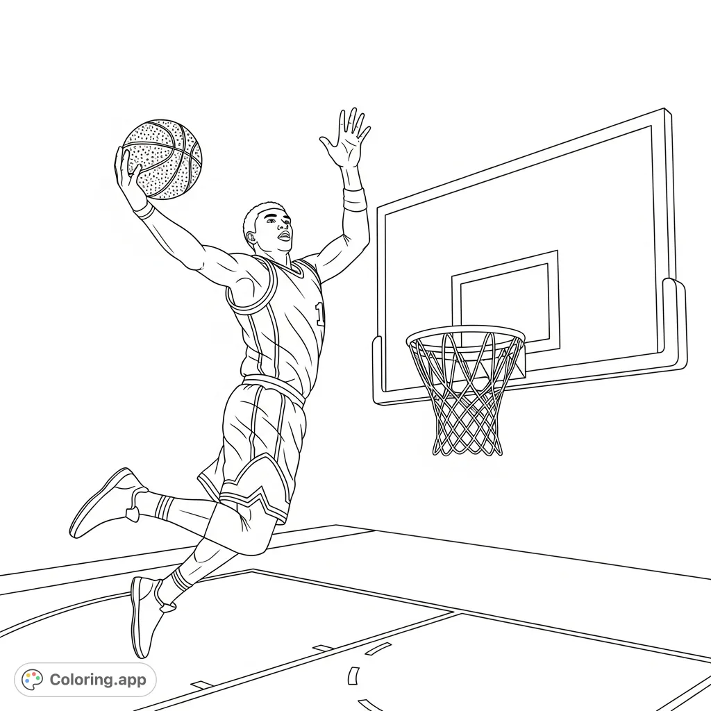 Capture the exciting moment of a basketball player in mid-air, shooting the ball. A dynamic sports coloring page for all ages.
