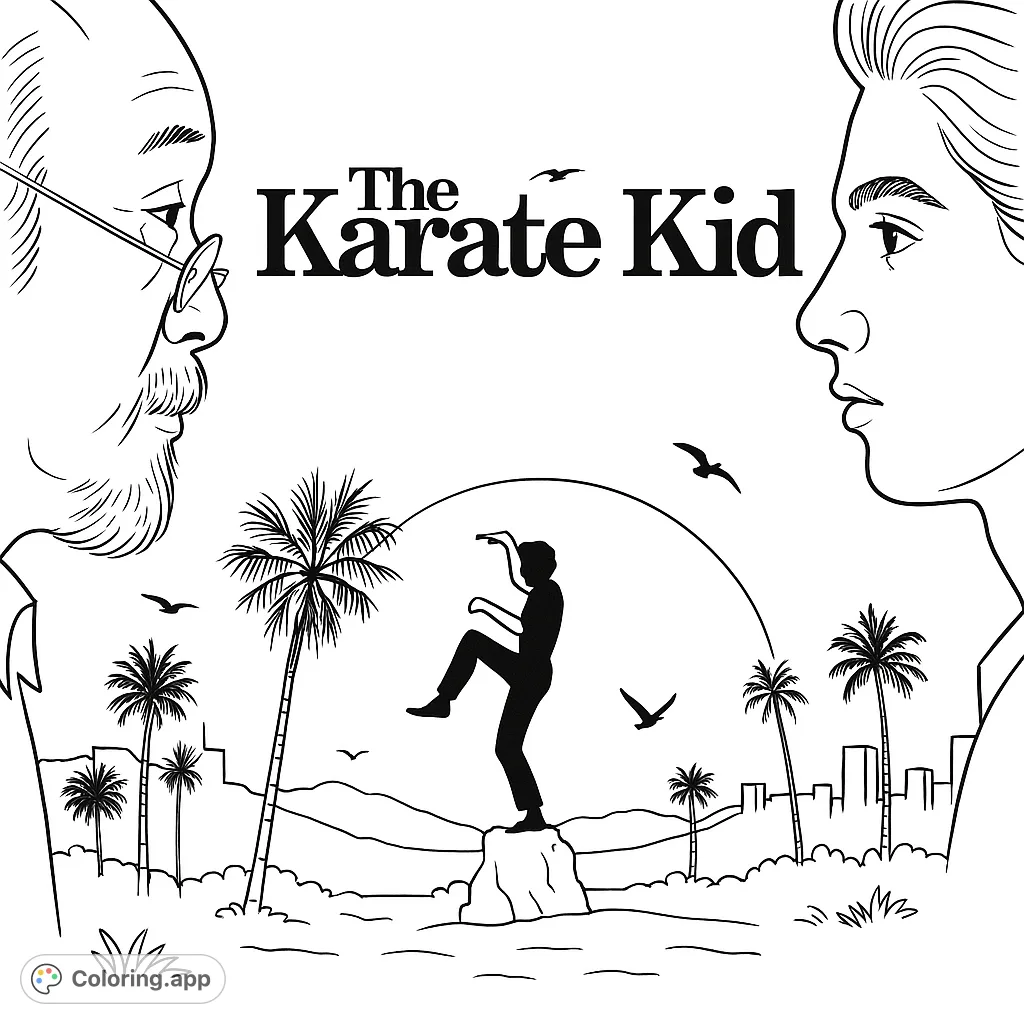 Capture the essence of martial arts and mentorship with this iconic scene featuring a master, a student, and a dynamic silhouette against a horizon.