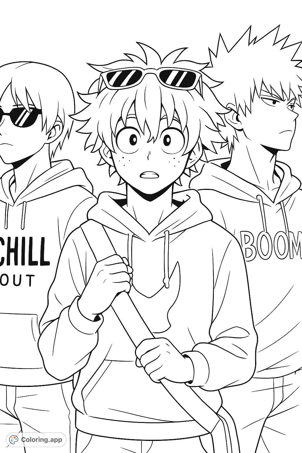 Color this dynamic anime friends coloring page featuring three stylish characters in hoodies and cool sunglasses. Perfect for fans of animated series and modern designs.